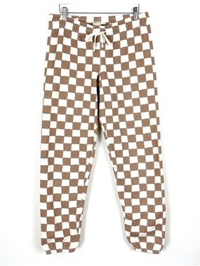 Marine Layer Anytime check board print cotton sweat pants joggers tan brown SZ M